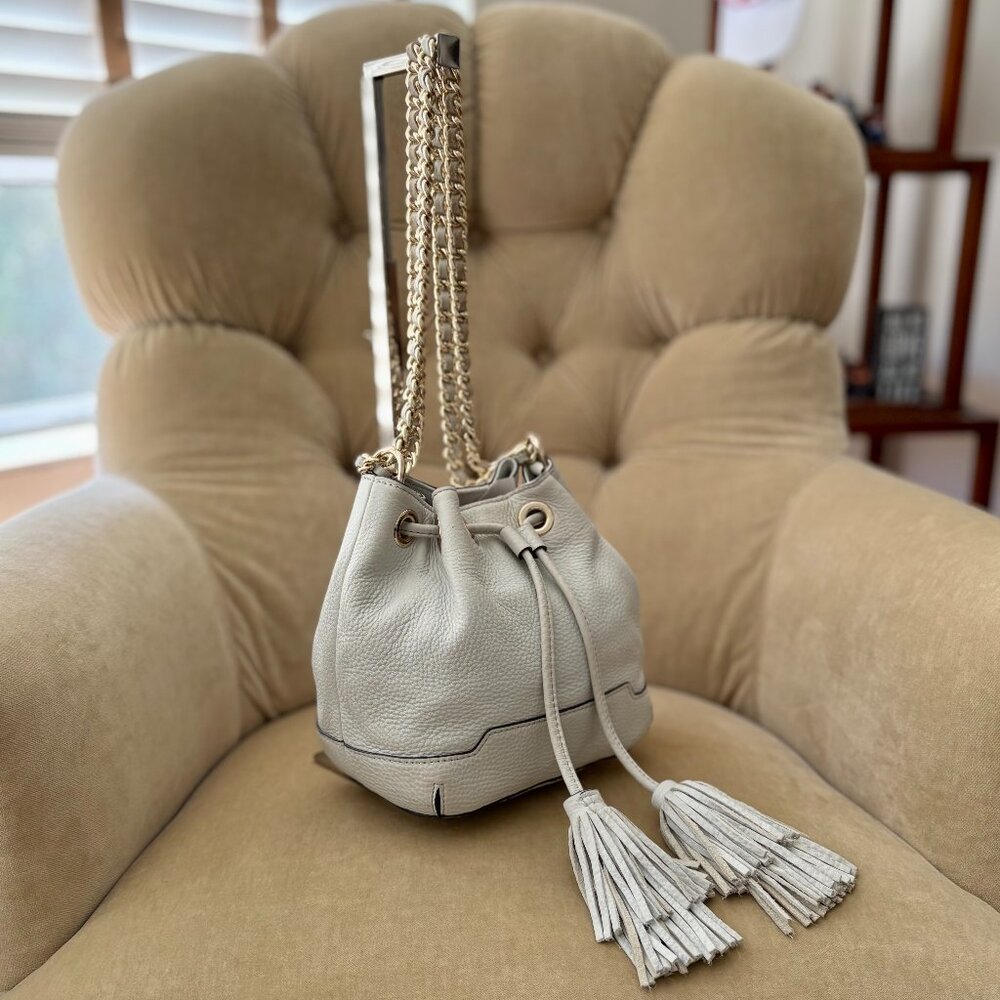 Rebecca Minkoff Light Gray Leather Tassel Drawstring Mini Bucket Bag